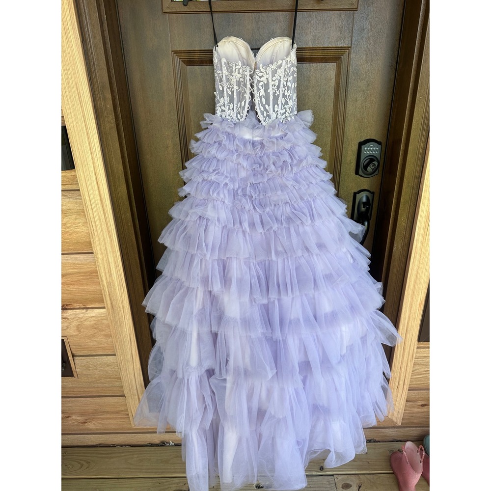 Alyce Paris Lilac Tulle Ruffle Ball Prom Gown Strapless Lace Corset Dress SZ 0 - Picture 3 of 12